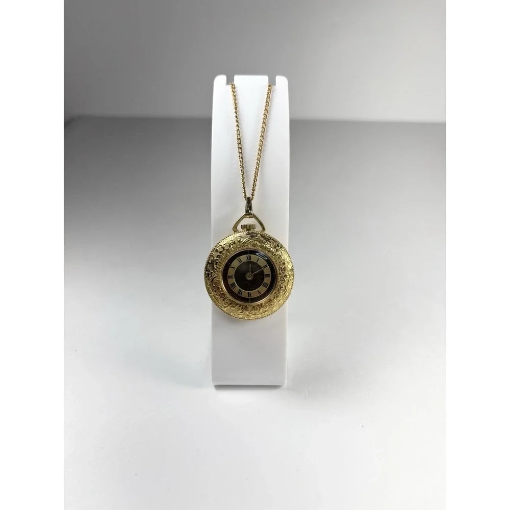 Vtg‎ Lucerne Swiss Mechanical Pocket Watch Pendant Engraved Gold Color Plate Red